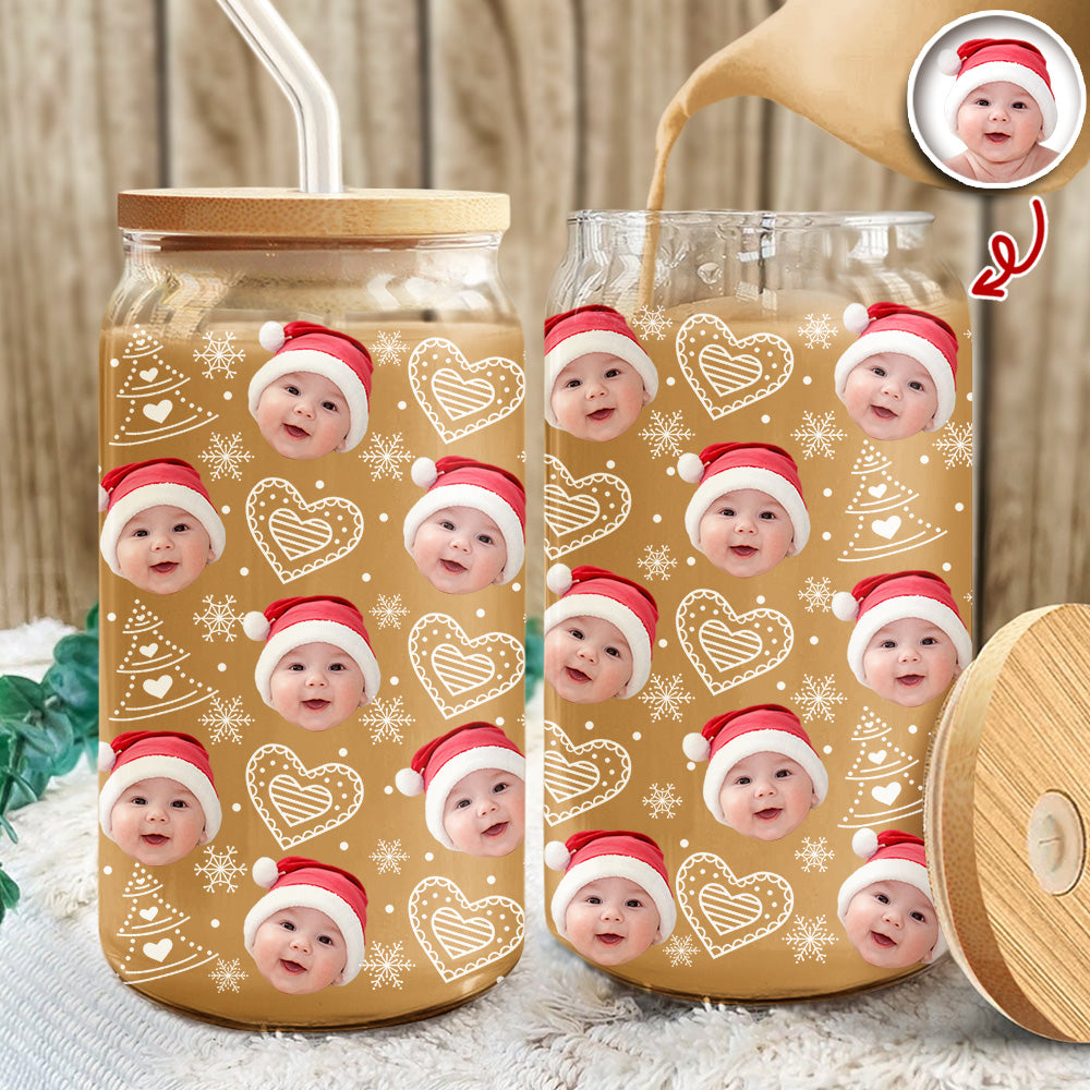 Custom Photo Glass Can With Lid, Christmas Gift For Family HO82 900692