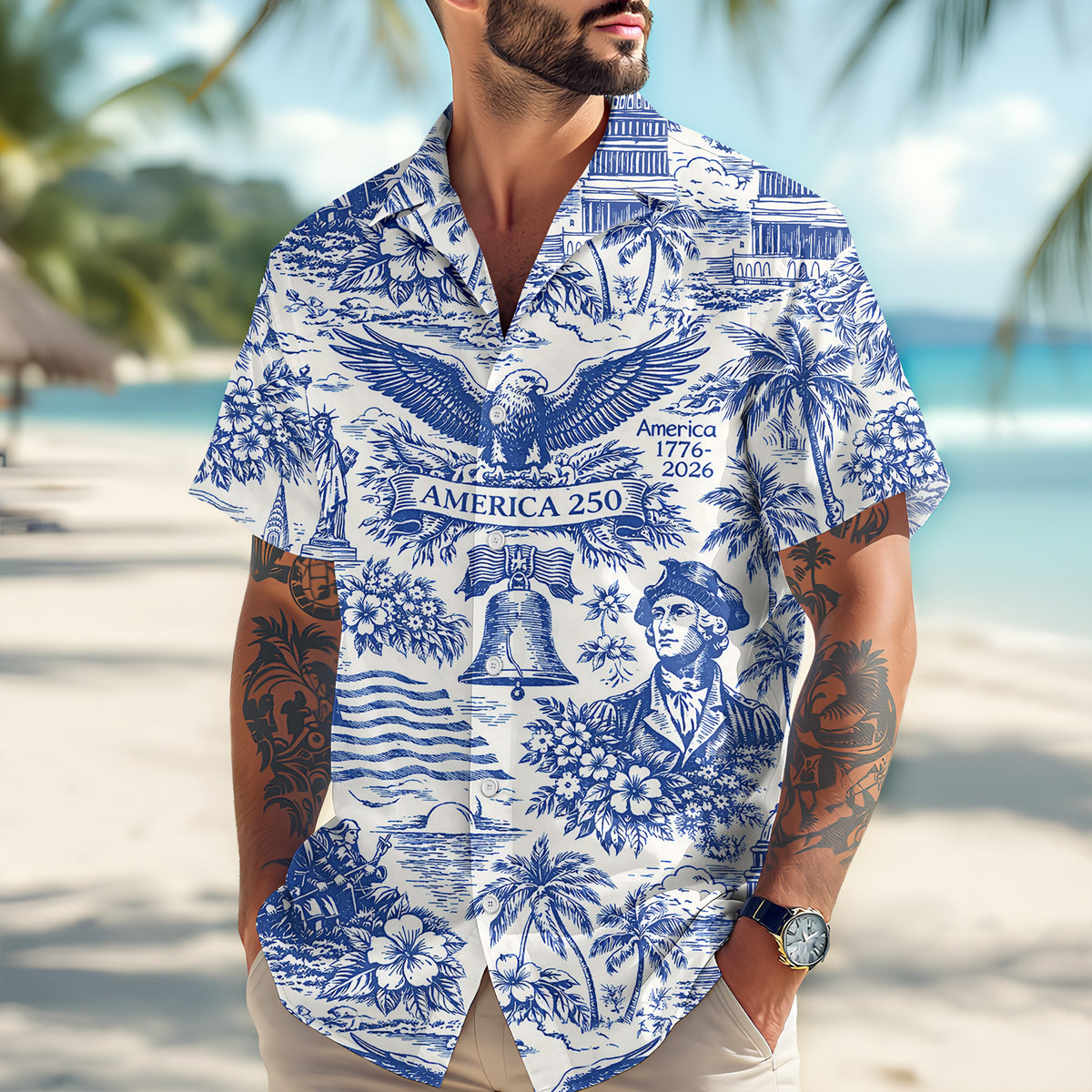 America 250th Anniversary Toile De Jouy Style Patriotic Hawaii Shirt CH07 910402