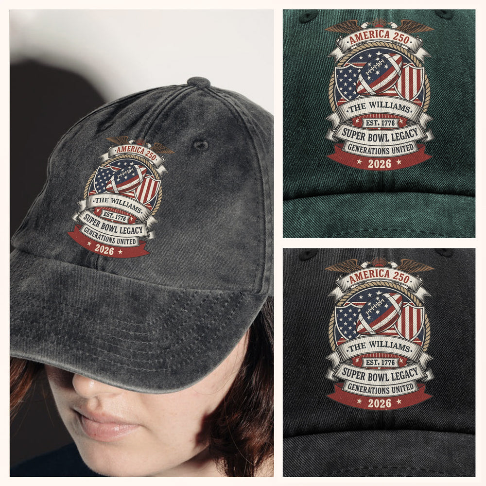 Custom Family Name American 250 Super Bowl Legacy Washed Denim Baseball Cap LM32 897875