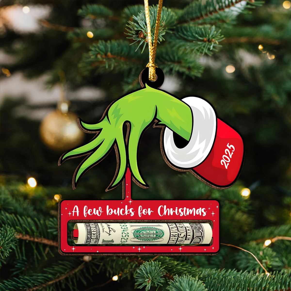 A Few Bucks for Christmas Grinchy Wood Money Holder Ornament LM32 897399
