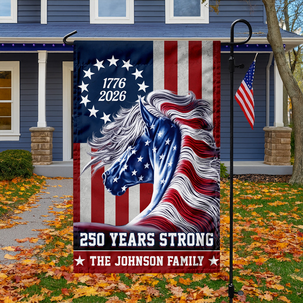 Custom Family Name Patriotic Horse Flag, 250 Years Strong Patriotic Garden Flag HA75 920128