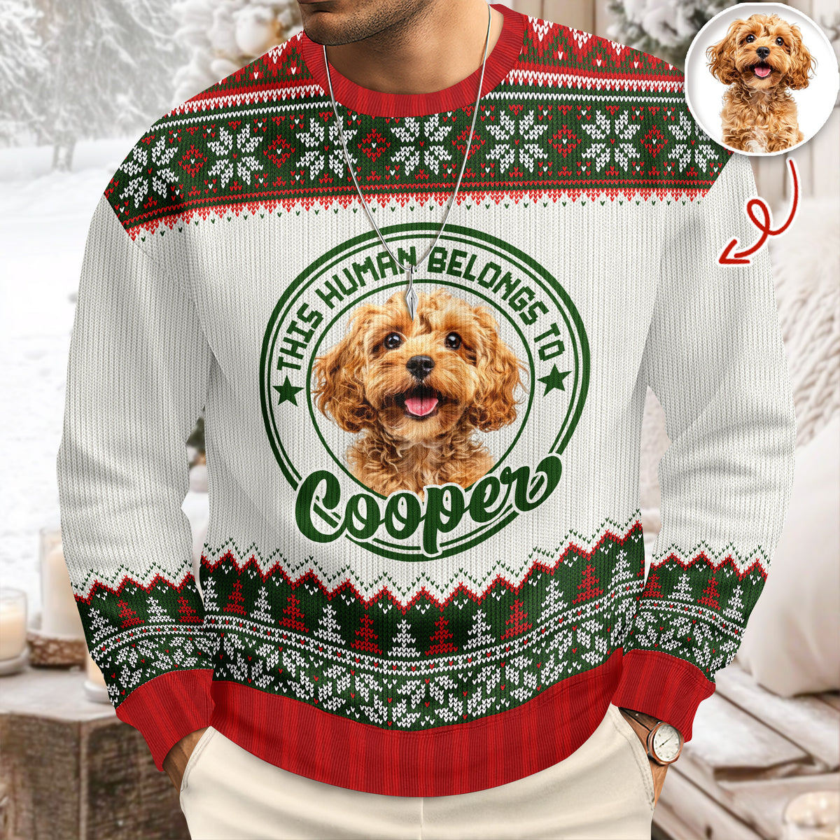 Custom Dog Cat Photo This Human Belongs To Christmas Ugly Sweater TH10 896049