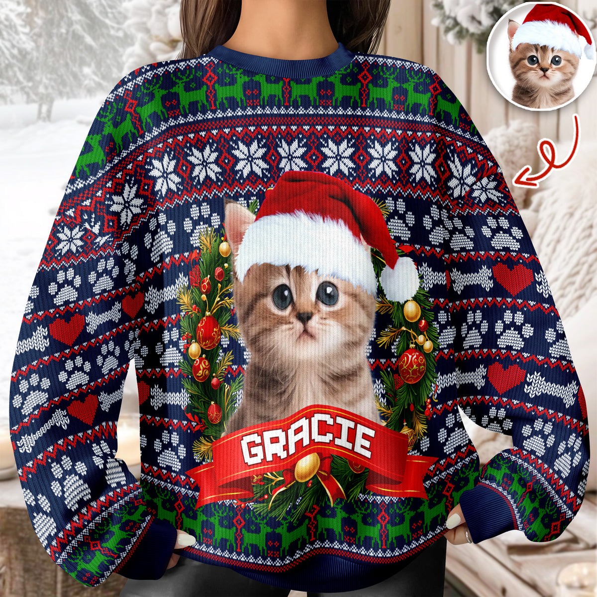 Custom Cat Photo With Christmas Wreath Ugly Sweater TH10 896275