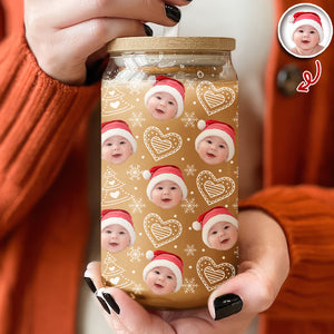 Custom Photo Glass Can With Lid, Christmas Gift For Family HO82 900692