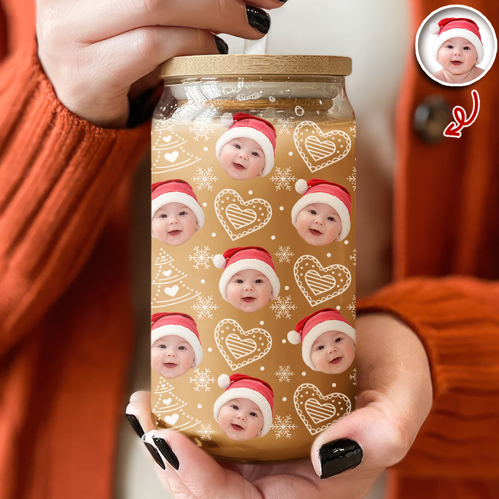 Custom Photo Glass Can With Lid, Christmas Gift For Family HO82 900692