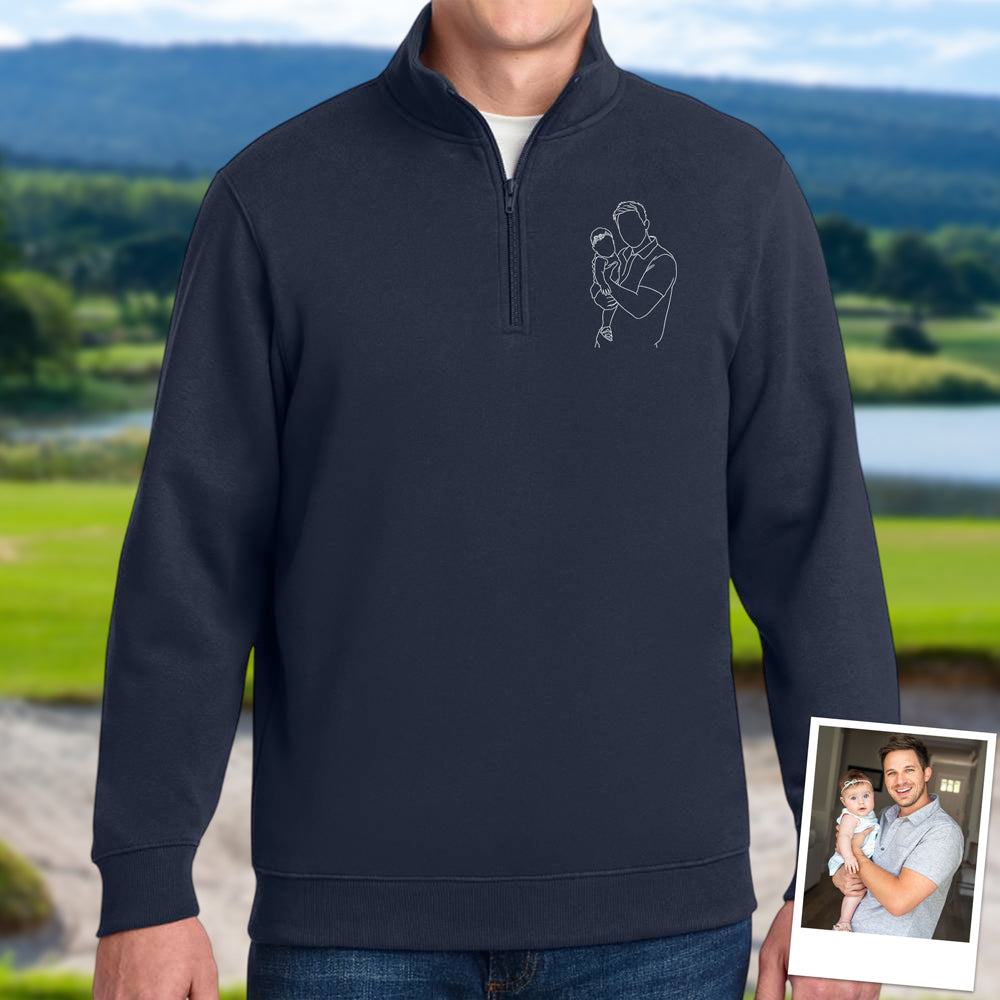 Custom Dad And Kids Portrait Photo Drawing Style Family Embroidered Quarter Zip Sweatshirt, Gifts for Dad, Birthday, Father's Day HO82 900772