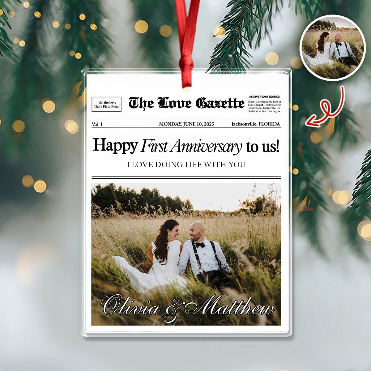 Custom Photo The Love Gazette 1st Anniversary Newspaper Couples Acrylic Ornament HO82 894866