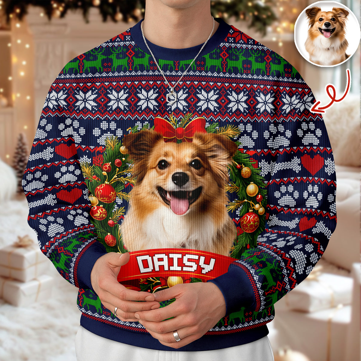 Custom Dog Photo With Christmas Wreath Ugly Sweater TH10 896273
