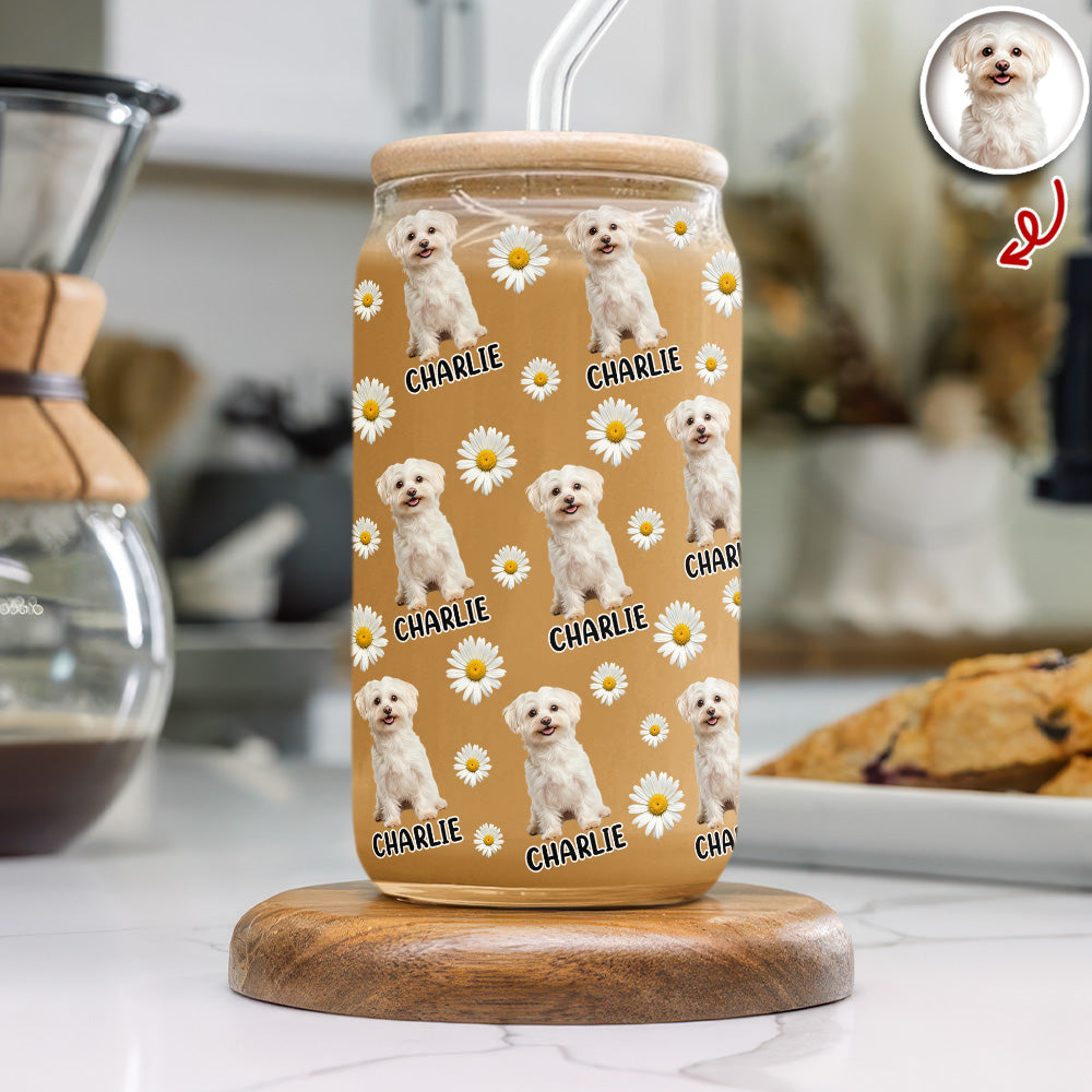 Custom Dog Photo And Name Daisy Glass Can With Lid Gift TH10 896787