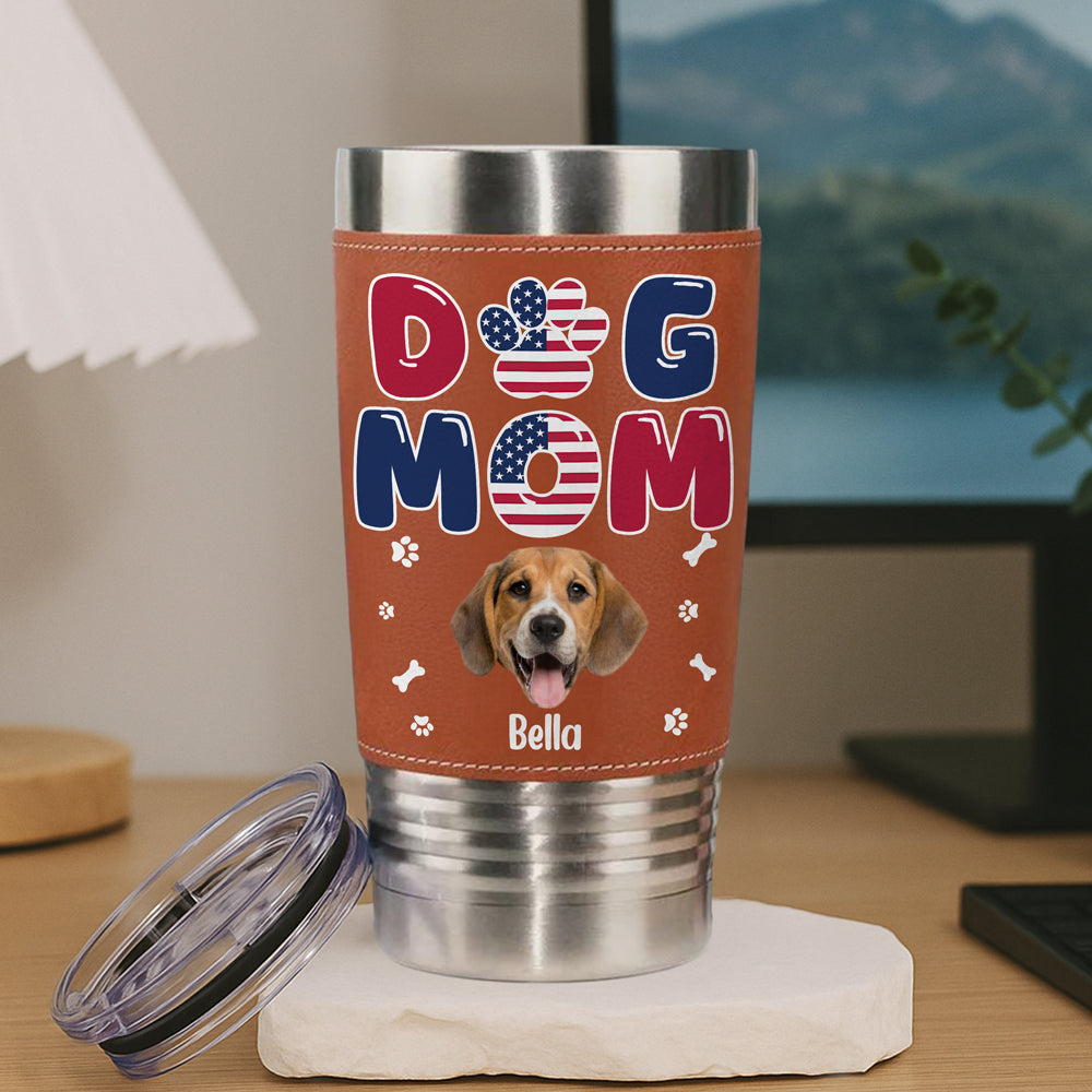 Custom Dog Photo Dog Dad America Flag Style Leather Tumbler LM32 893701