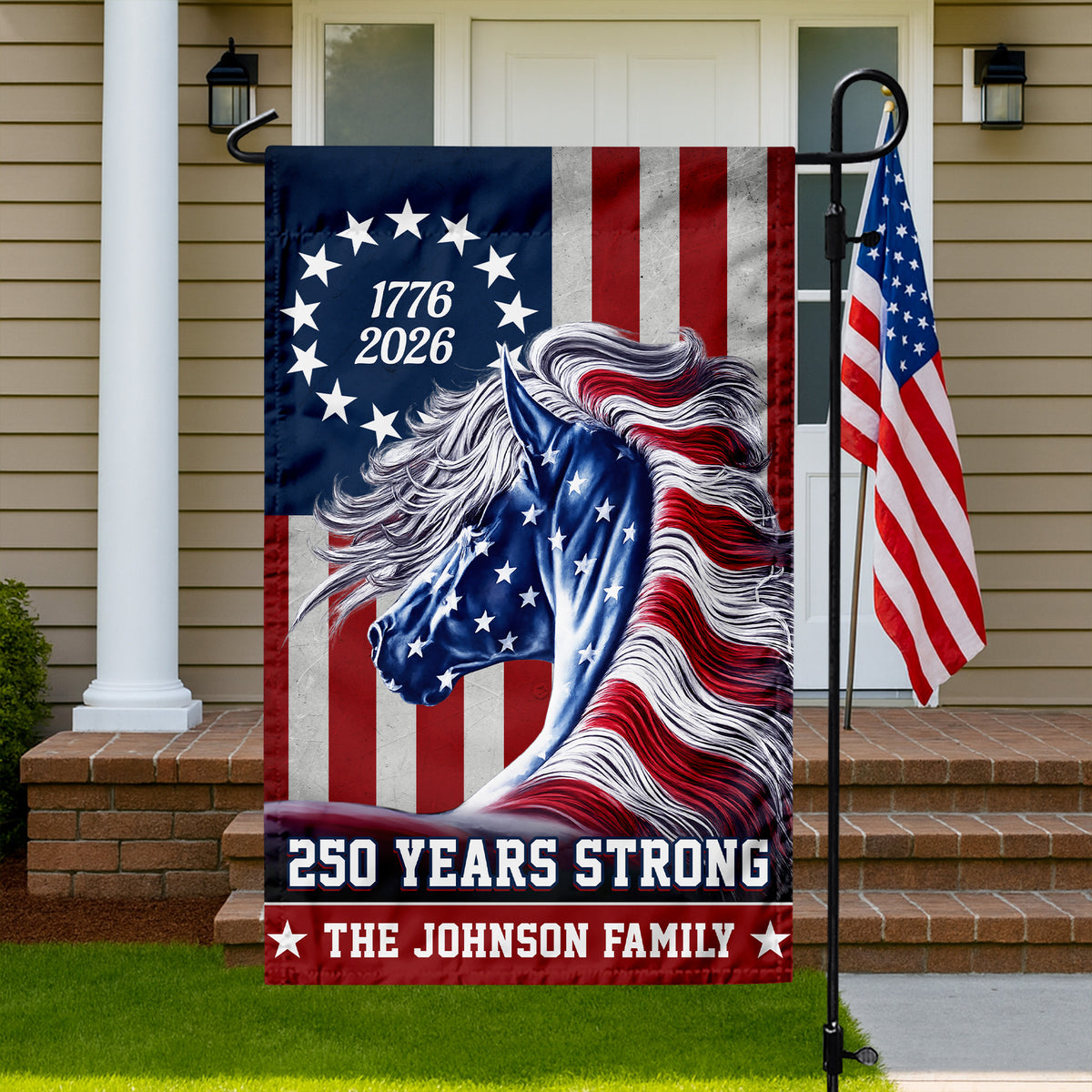 Custom Family Name Patriotic Horse Flag, 250 Years Strong Patriotic Garden Flag HA75 920128