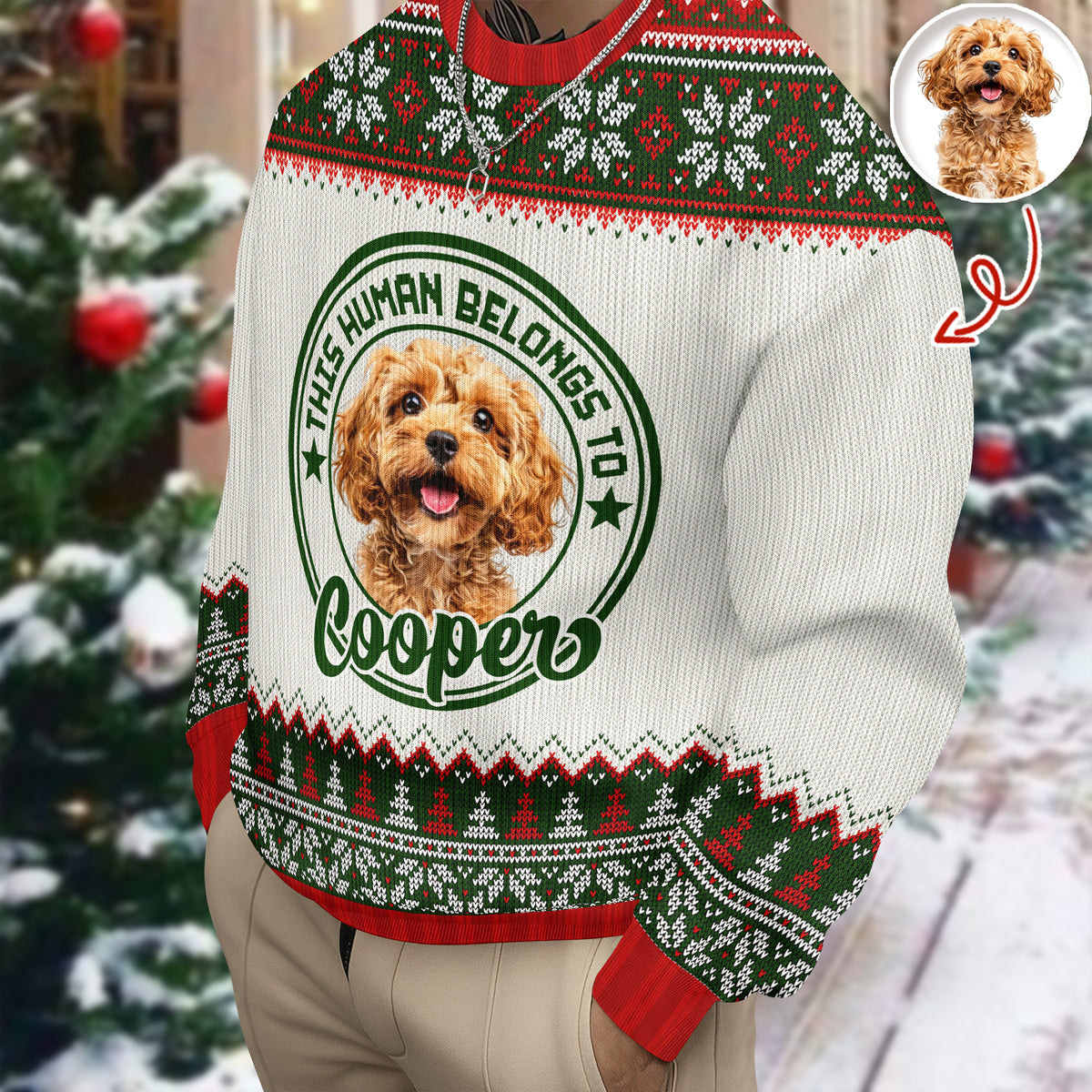 Custom Dog Cat Photo This Human Belongs To Christmas Ugly Sweater TH10 896049