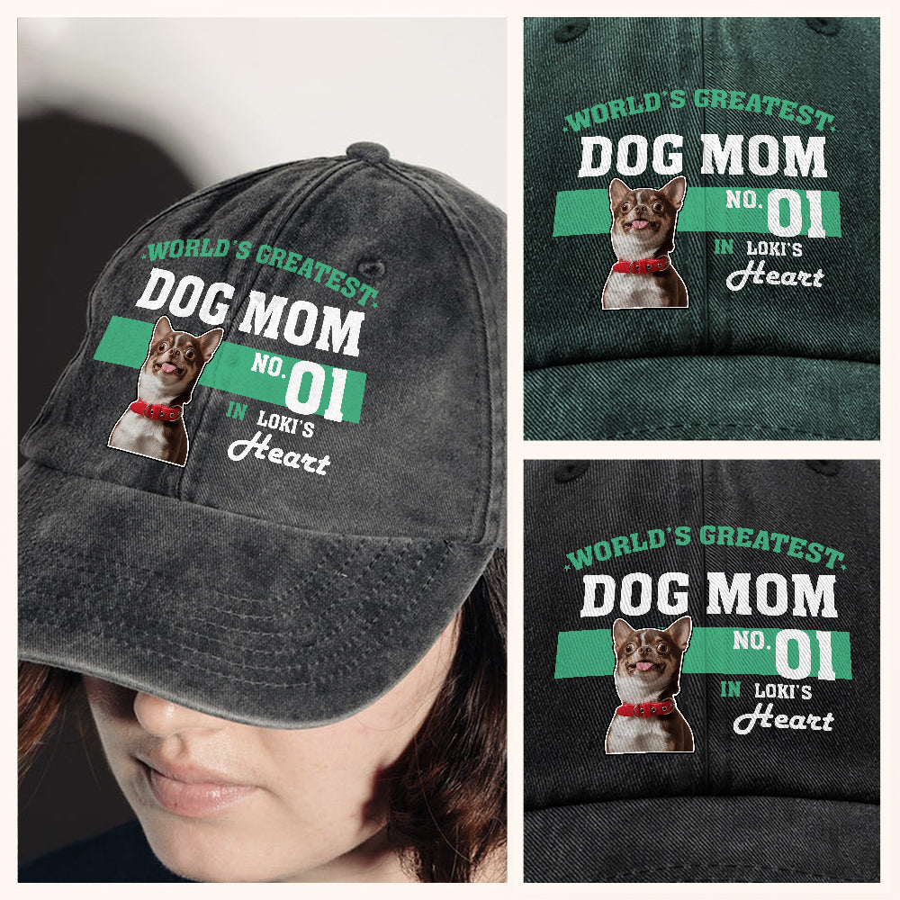Custom Photo World's Greatest Dog Mom No.1 Washed Denim Baseball Cap LM32 895565