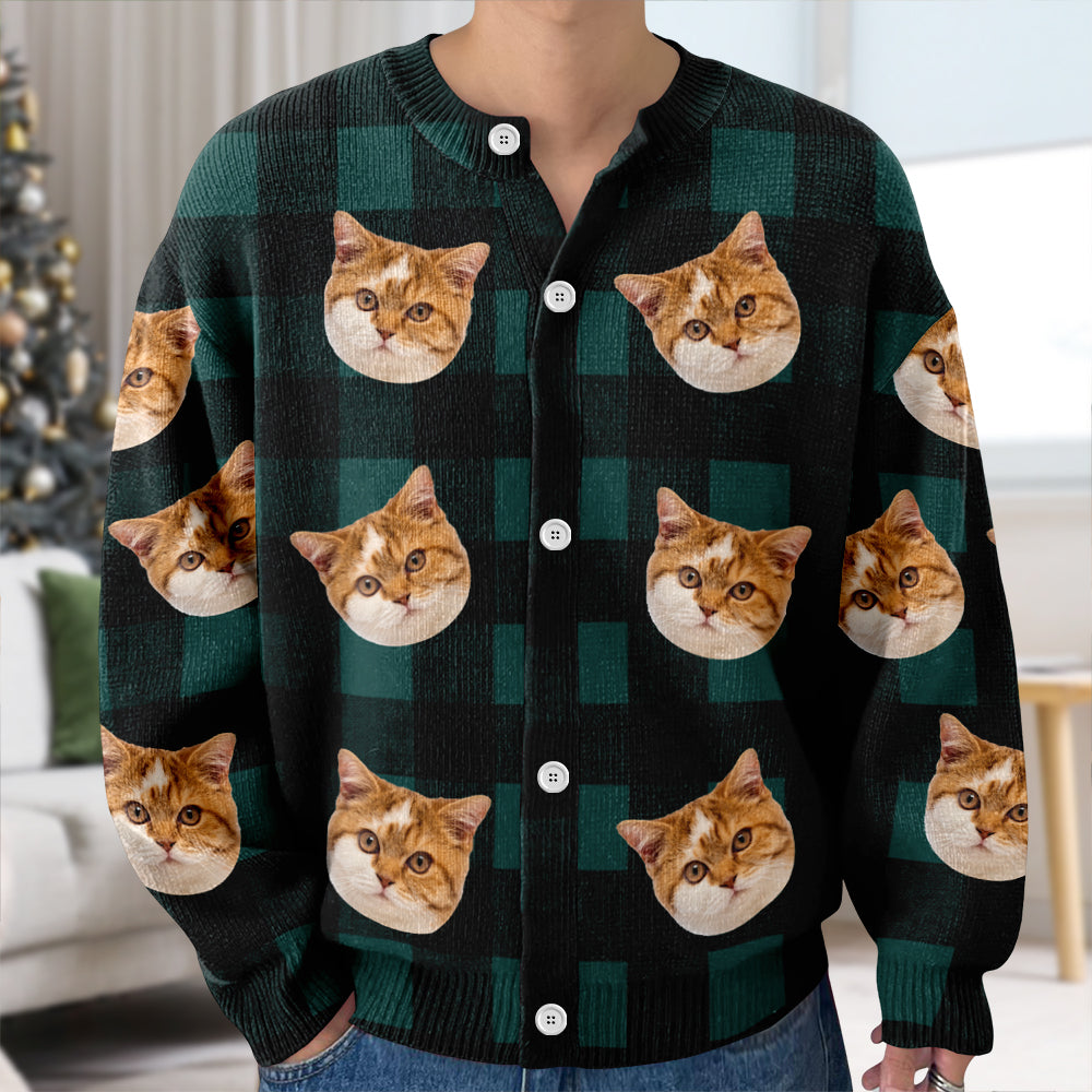 Custom Cat Face Photo With Christmas Pattern Ugly Cardigan CH07 899824