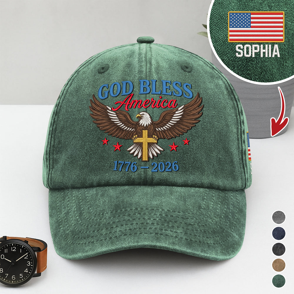 Custom Name God Bless America Patriotic 1776-2026 Eagle Embroidered Baseball Cap HO82 901898