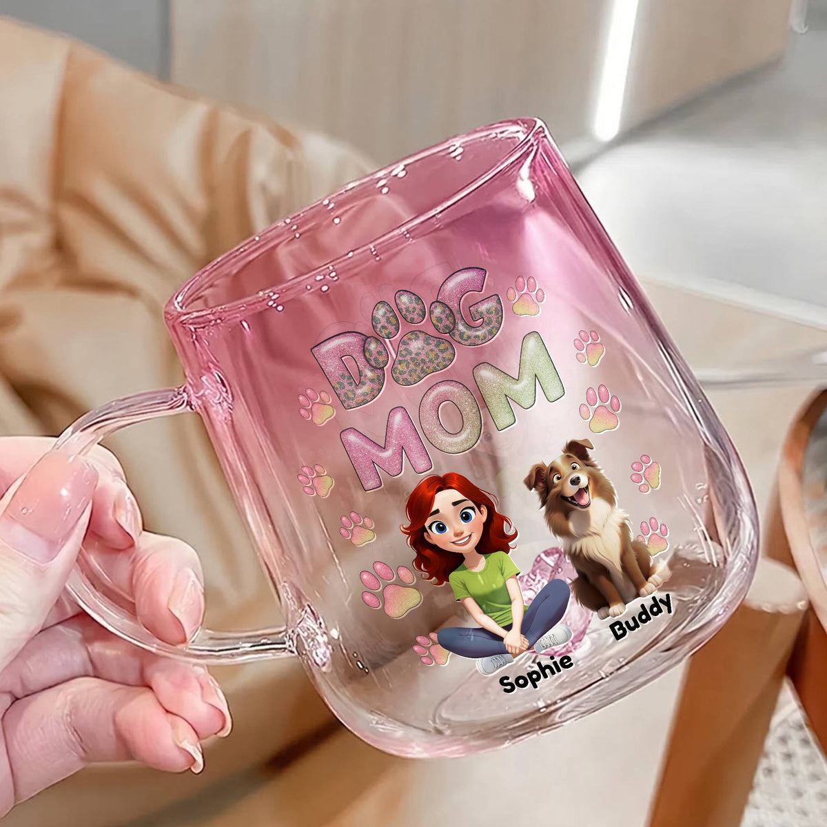 Personalized Dog Mom Pink Gradient Glass Mug - Gift For Dog Mom, Mother's Day HO82 901766