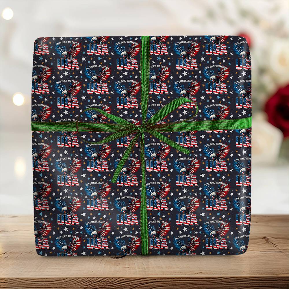 Faith, Family & Freedom America 250 Years Anniversary Eagle USA Flag Wrapping Paper HO82 900694