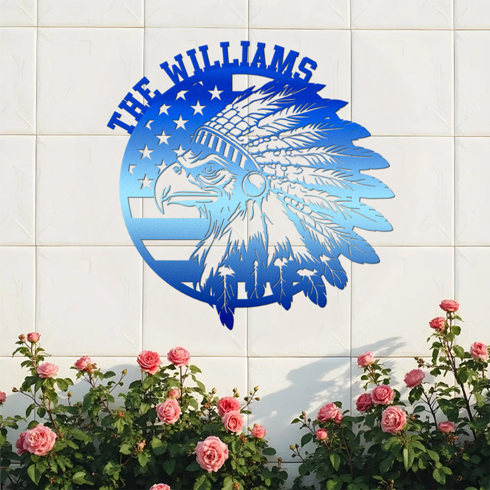 Custom Family Name Patriotic Native Eagle Metal House Metal Sign, Patriotic Wall Art HO82 901160