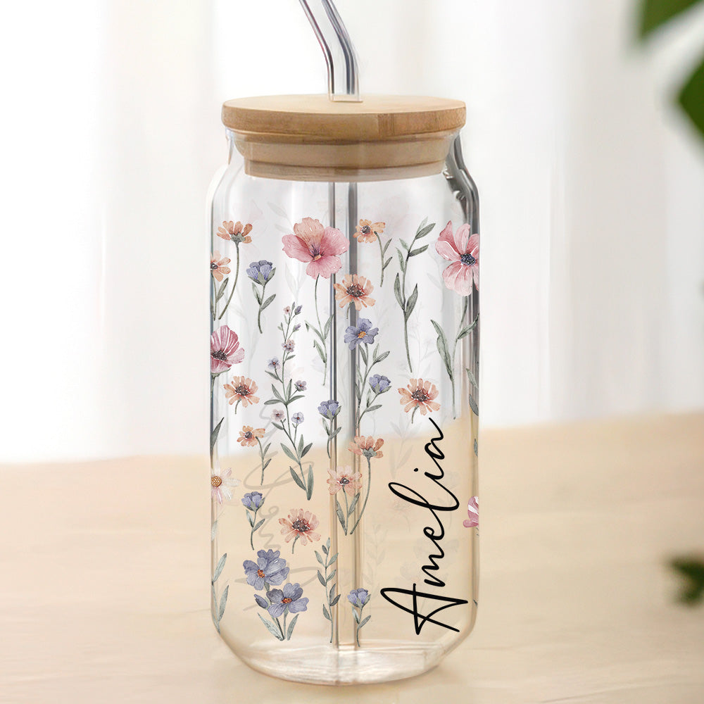 Personalized Custom Name With Floral Glass Can With Lid TH10 896859