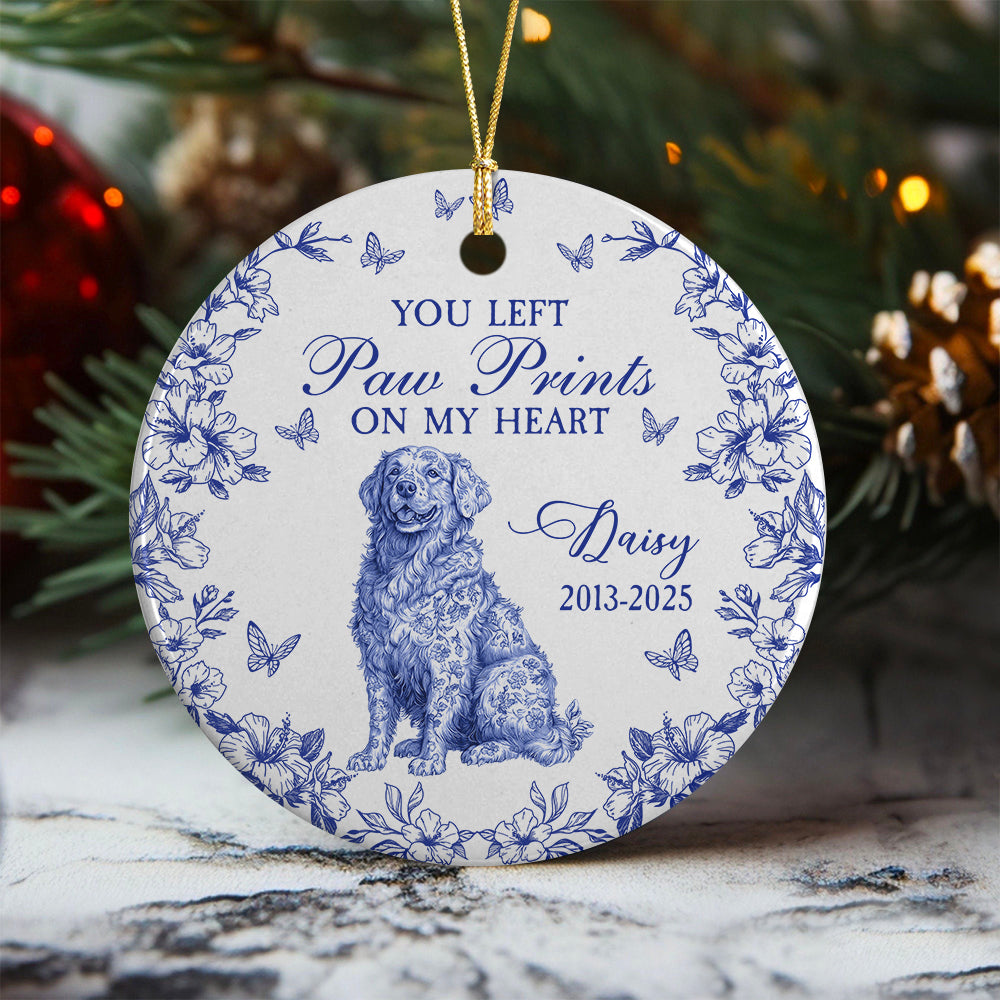 Custom Dog Breeds You Left Paw Prints On My Heart Chinoiserie Toile De Jouy Style Personalized Memorial Ceramic Ornament HO82 894836
