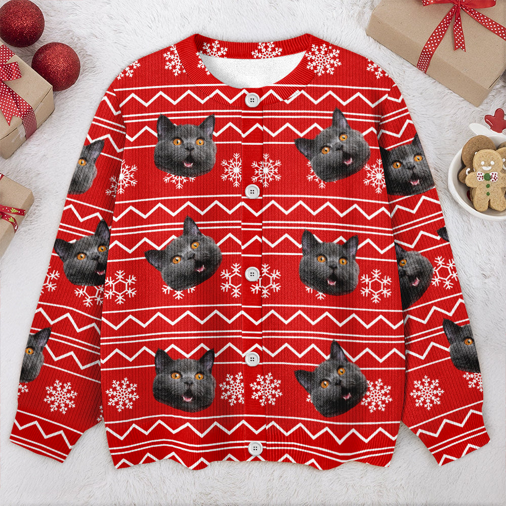 Custom Cat Face Photo With Christmas Pattern Ugly Cardigan CH07 899824