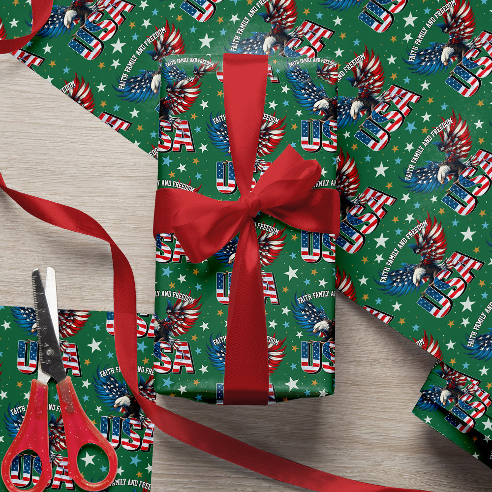 Faith, Family & Freedom America 250 Years Anniversary Eagle USA Flag Wrapping Paper HO82 900694