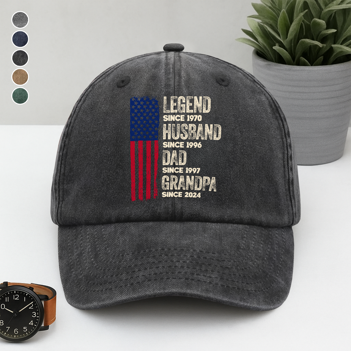 Custom American Flag Legend, Husband, Dad And Grandpa Washed Denim Baseball Cap LM32 895001