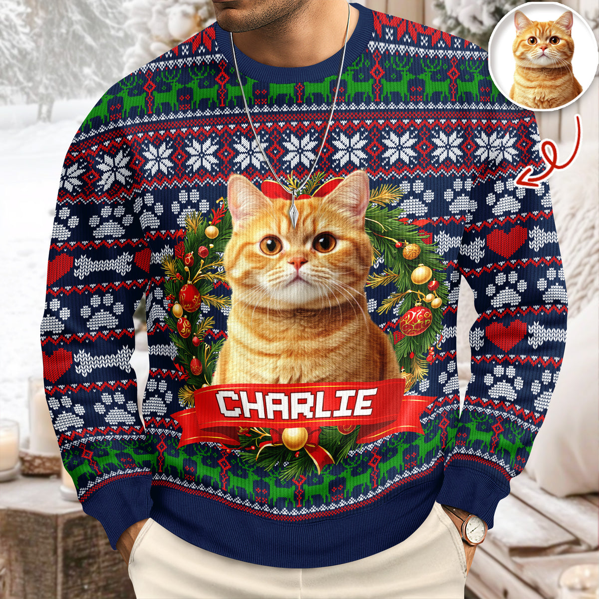 Custom Cat Photo With Christmas Wreath Ugly Sweater TH10 896275