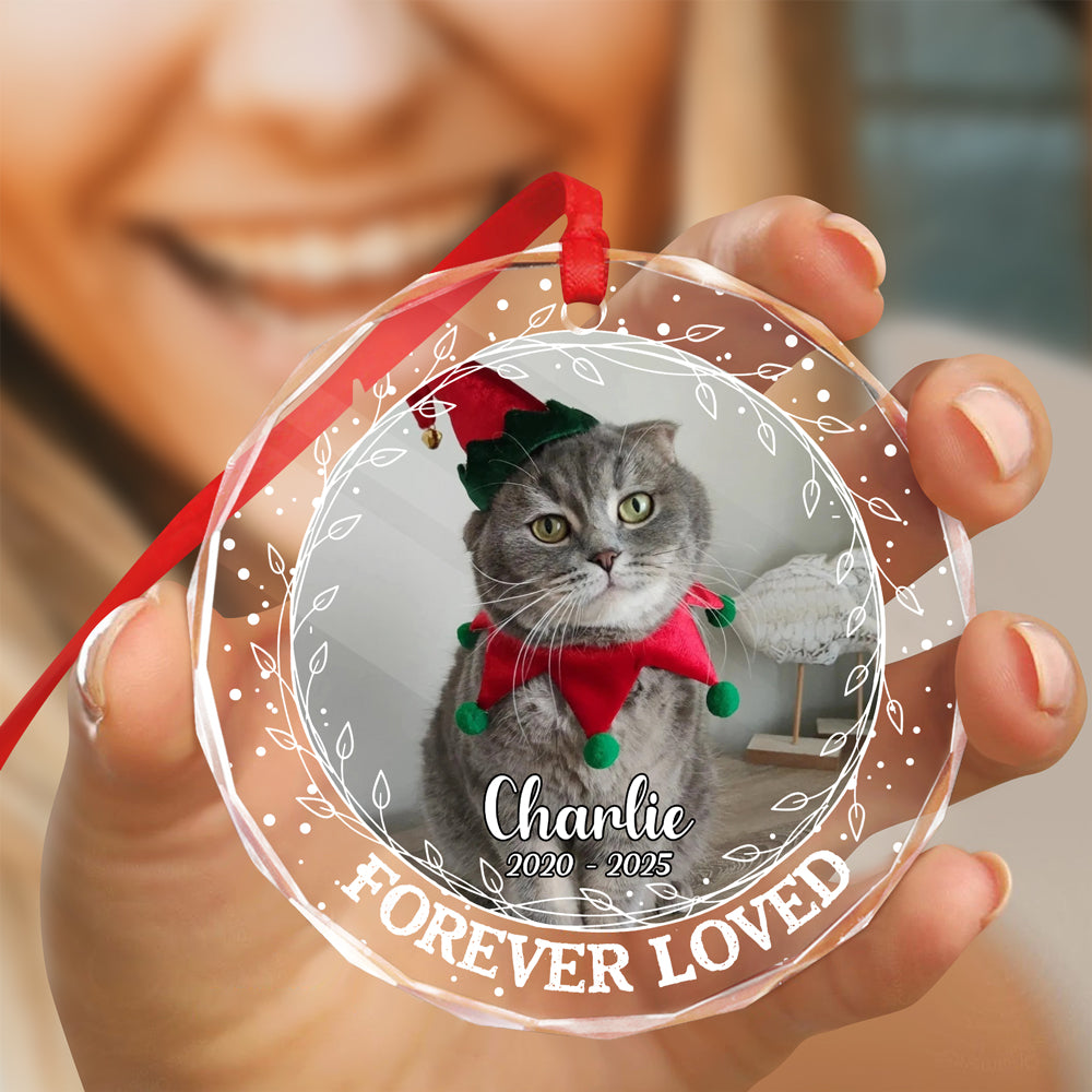 Custom Photo Forever Loved Christmas Glass Ornament Memorial Gift For Cat Lovers TH10 896405