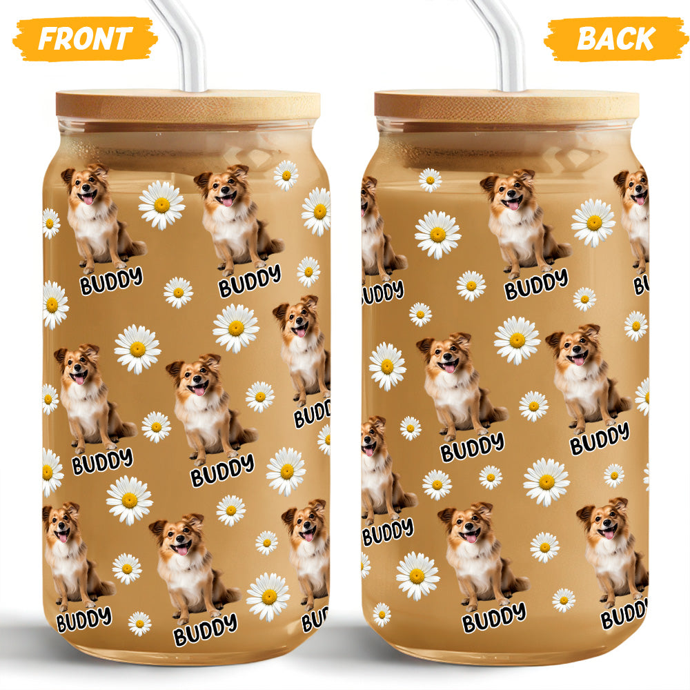 Custom Dog Photo And Name Daisy Glass Can With Lid Gift TH10 896787