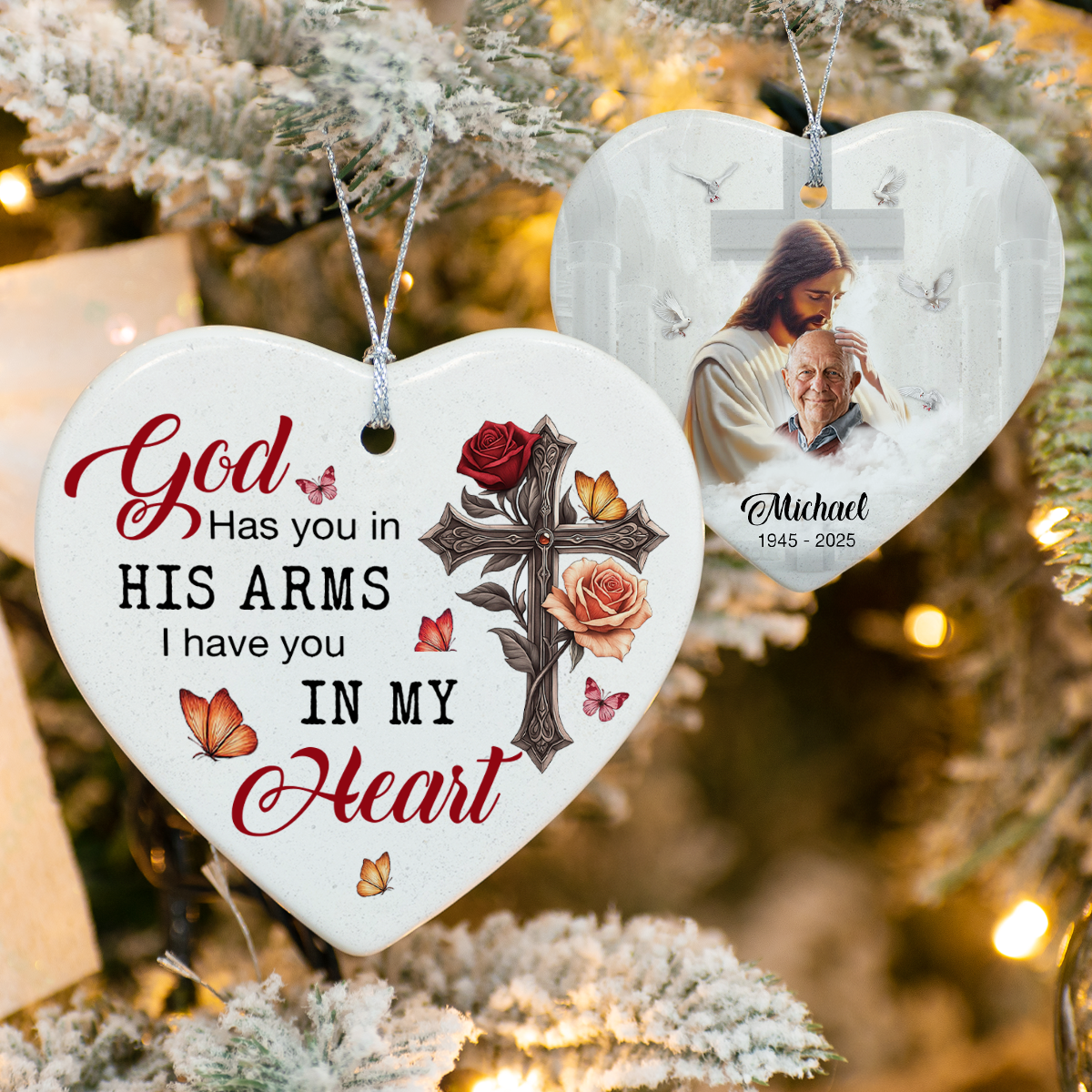 Custom Photo Safe In The Arms Of Jesus Memorial Heart Shaped Ceramic Ornament LM32 893825