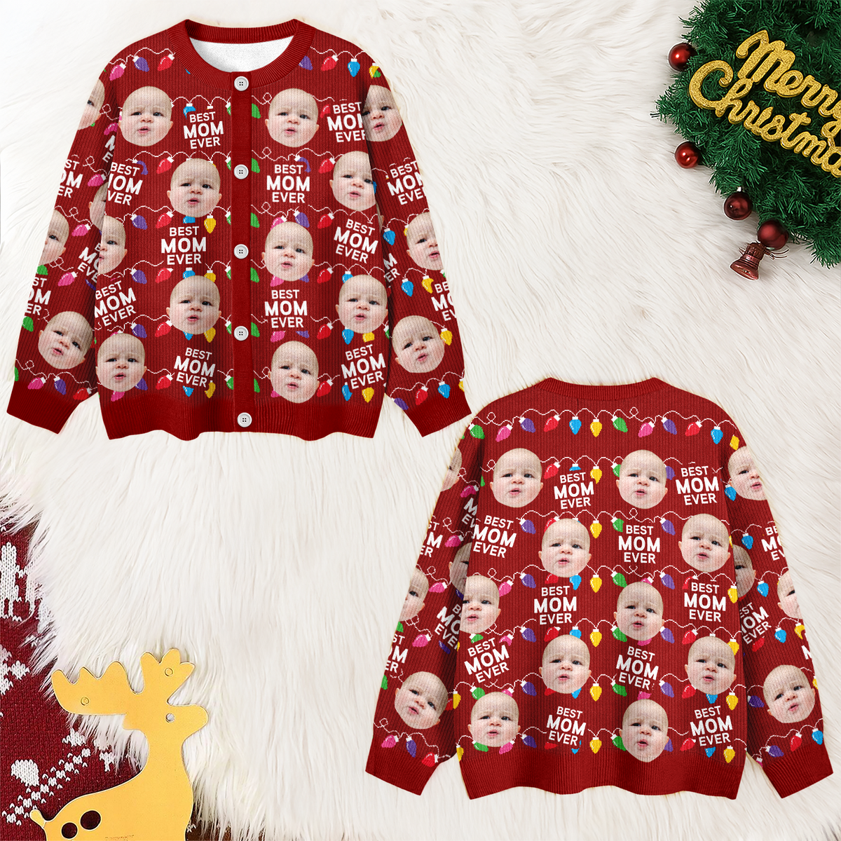 Custom Funny Kids Photo Best Mommy Daddy Ever Christmas Light Cardigan CH07 899838