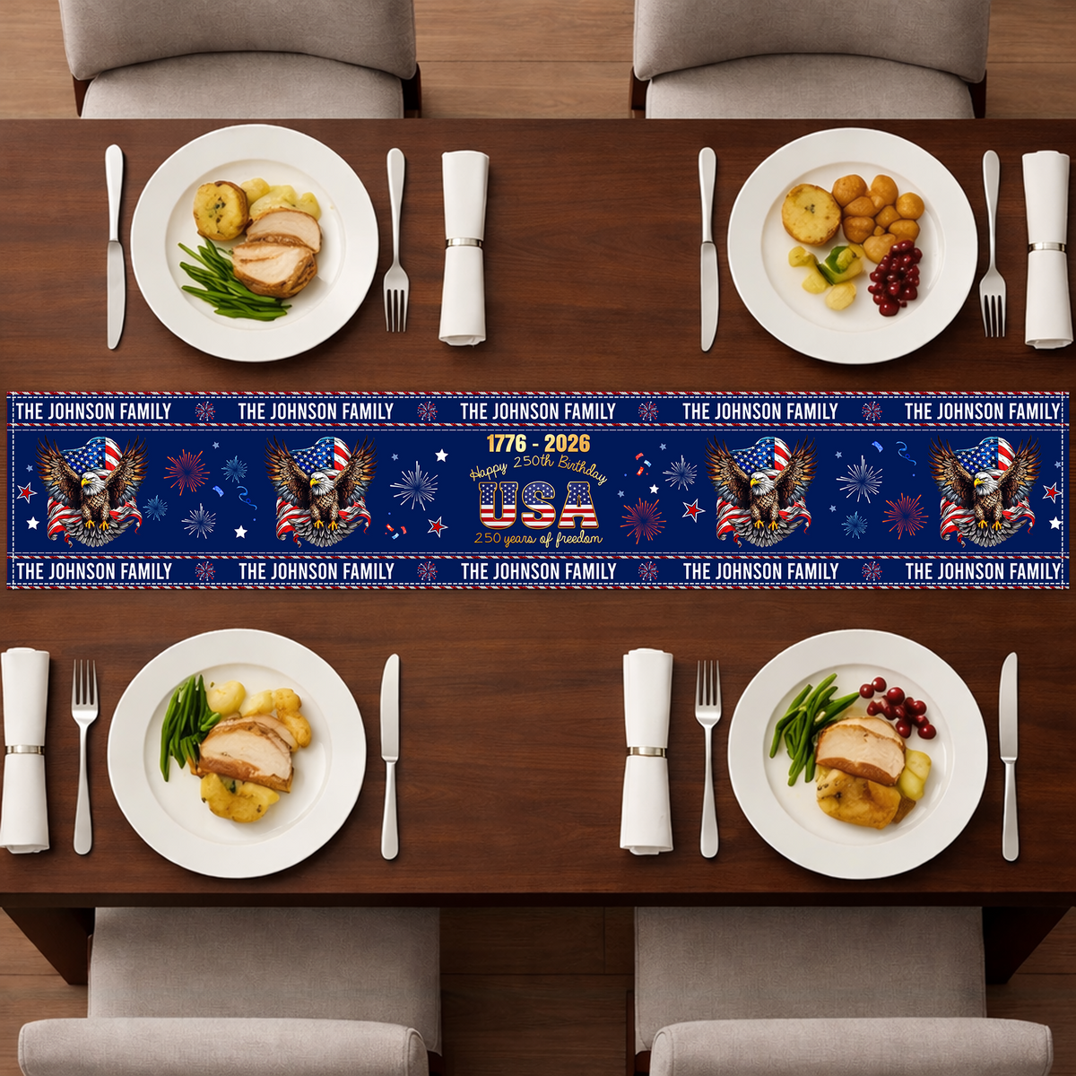Custom Family Name USA Happy 250th Birthday 1776-2026 Eagle Table Runner TH10 169597