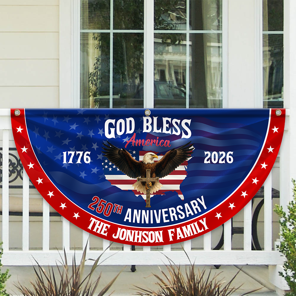 Custom Family Name 250th Anniversary God Bless America Christian Patriotic Non-Pleated Fan Flag HO82 901892