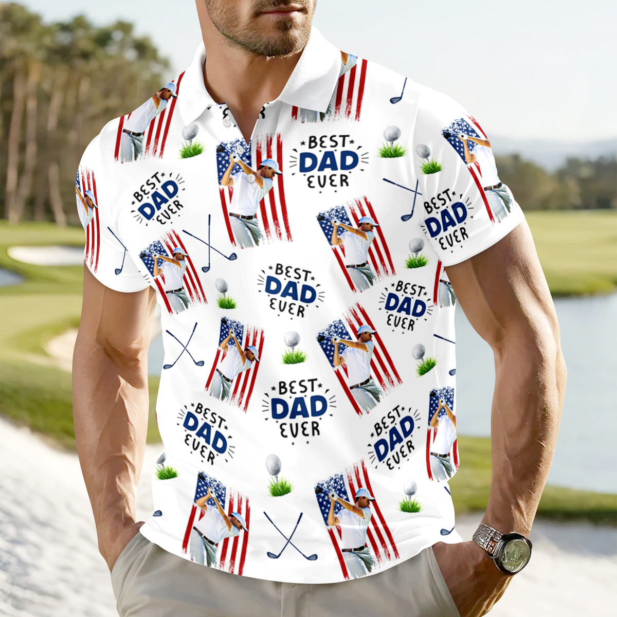 Custom Photo Best Dad Ever American Flag Polo Shirt - Father's Day Gift for Golfer HA75 921112