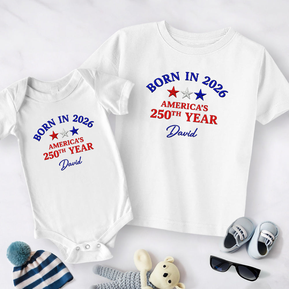 Custom Name Born in 2026 America’s 250th Year Embroidered Effect Baby Onesie LM32 669207