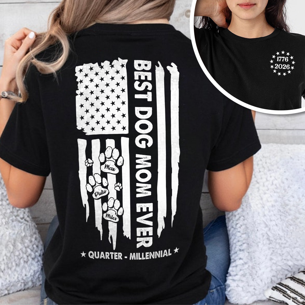 Custom Name Best Dog Mom Ever Paw American Flag Back & Front Dark Shirt LM32 899519