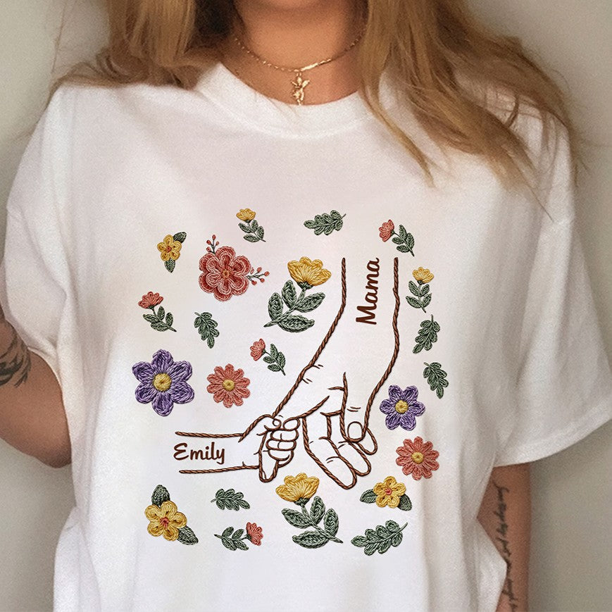 Personalized Mom Holding Hand Shirt with Kids Names, Floral Embroidery Effect Style T-Shirt, Mother's Day Gift CH07 911184