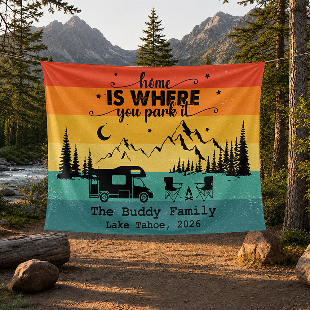 Personalized Retro Sunset Welcome To Our Campsite Camping Tapestry HO82 903078