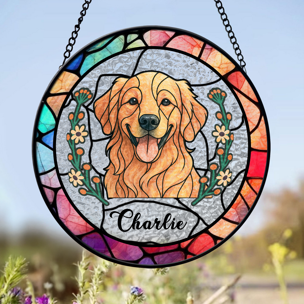 Custom Dog Portrait Photo With Sunflower Memorial Stained Glass Suncatcher, Sympathy Gifts, Pet Loss Gift HO82 894330