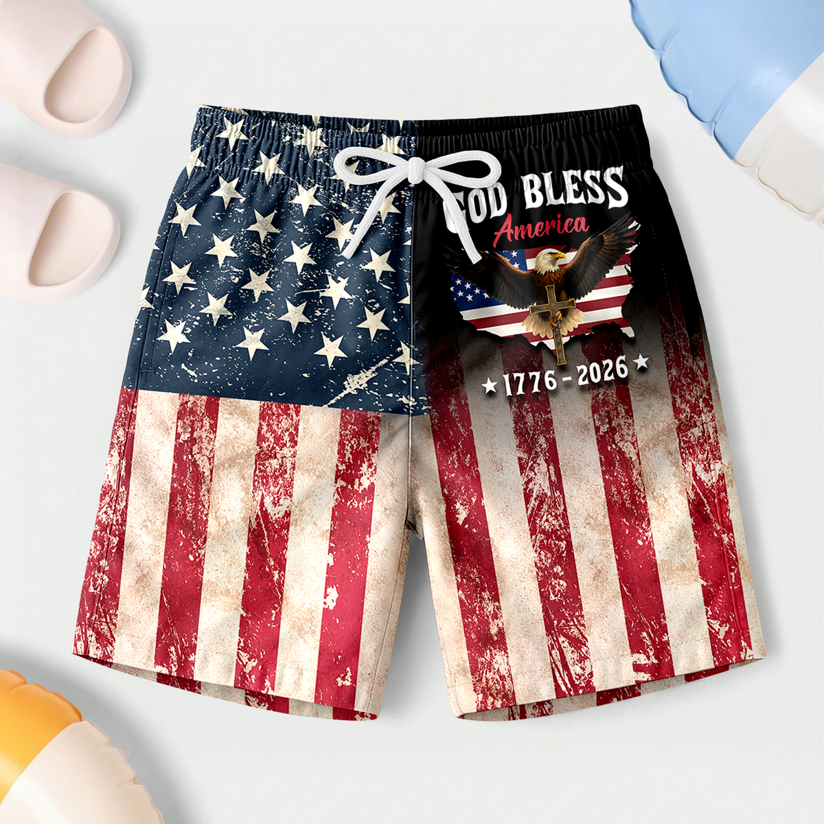 Patriotic 250th Anniversary God Bless America Eagle 1776–2026 Beach Short HA75 921044