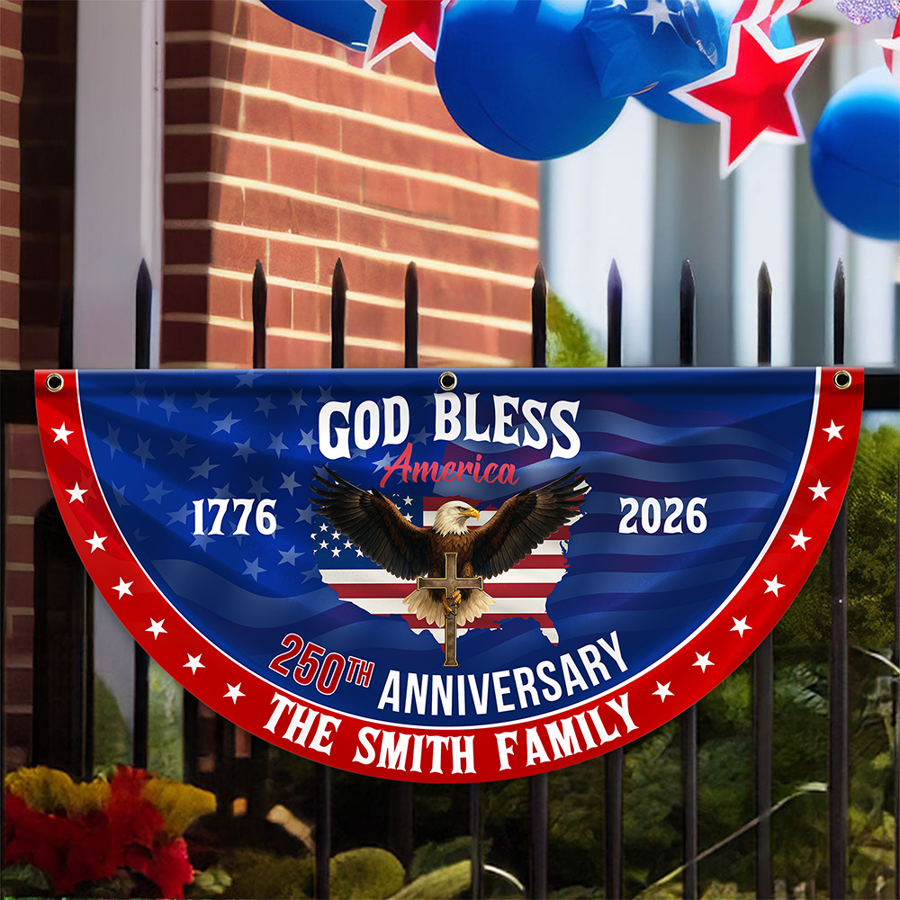 Custom Family Name 250th Anniversary God Bless America Christian Patriotic Non-Pleated Fan Flag HO82 901892