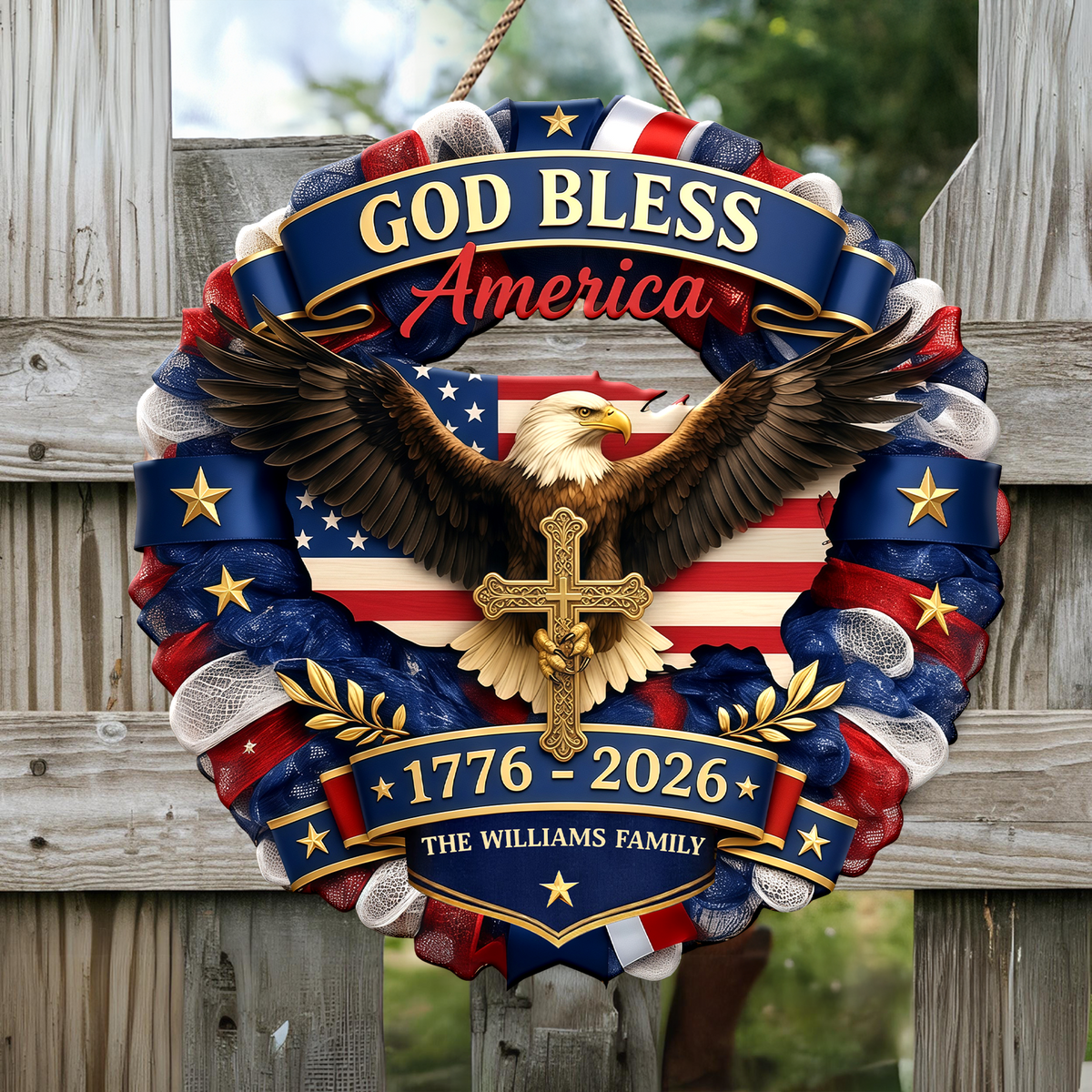Custom Family Name Patriotic 250th Anniversary God Bless America Eagle 1776–2026 Door Sign HA75 920758