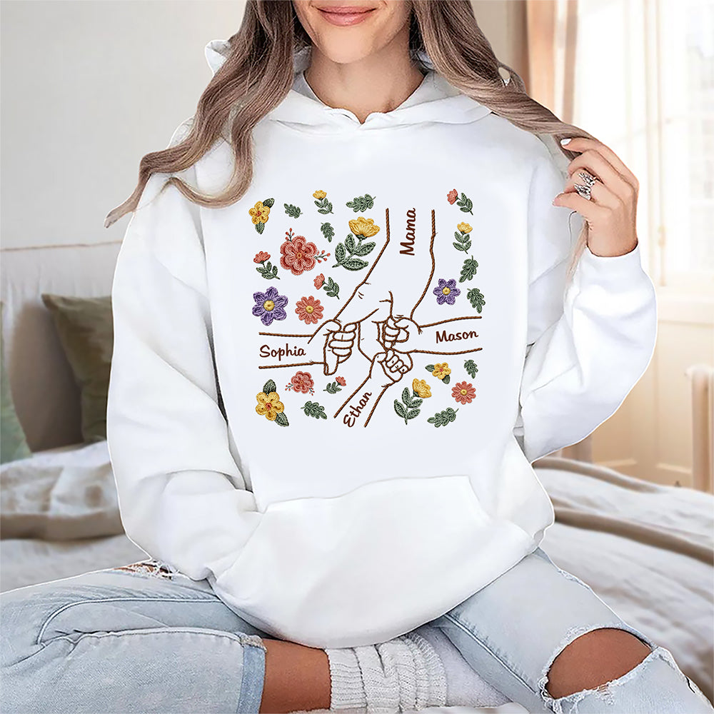 Personalized Mom Holding Hand Shirt with Kids Names, Floral Embroidery Effect Style T-Shirt, Mother's Day Gift CH07 911184