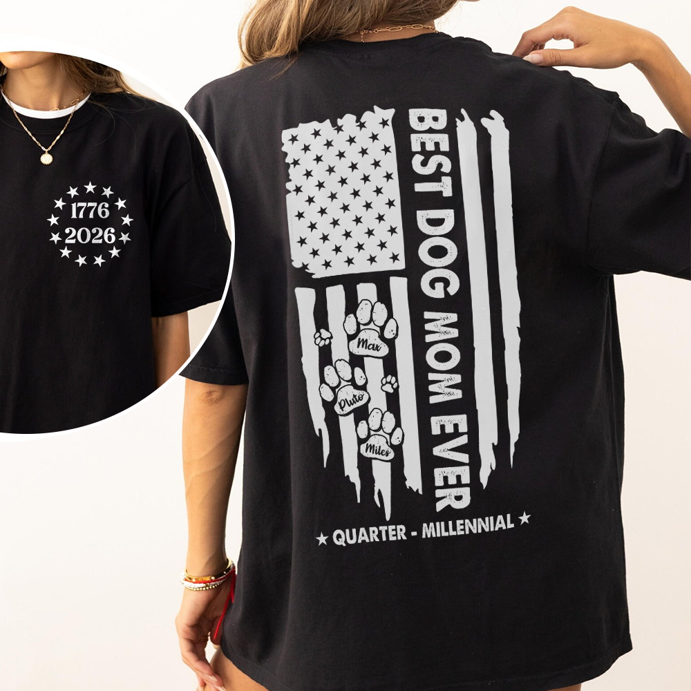 Custom Name Best Dog Mom Ever Paw American Flag Back & Front Dark Shirt LM32 899519