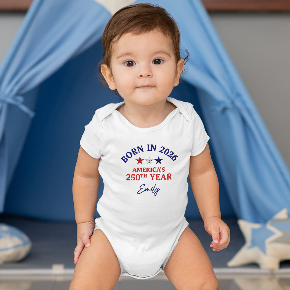 Custom Name Born in 2026 America’s 1776-2026 250th Year Embroidered Effect Baby Onesie LM32 669207