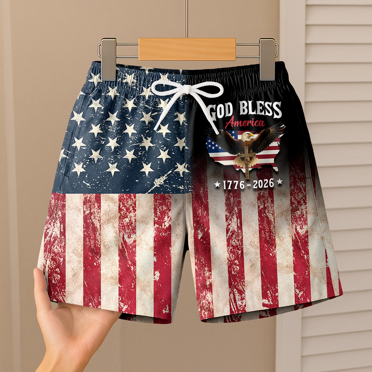 Patriotic 250th Anniversary God Bless America Eagle 1776–2026 Beach Short HA75 921044