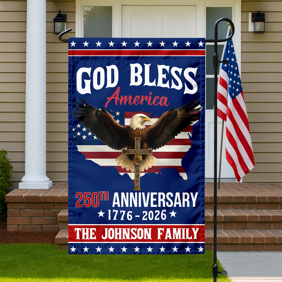 Custom Family Name 250th Anniversary God Bless America Christian Patriotic Garden Flag HO82 901882