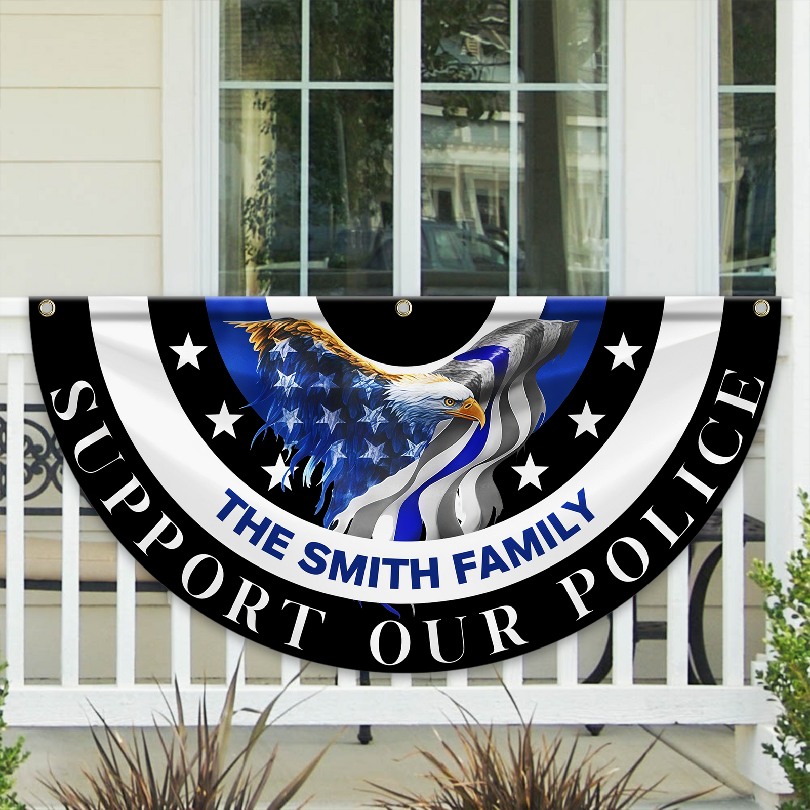 Custom Family Name American Flag Thin Blue Line Eagle Back Non-Pleated Fan Flag LM32 897803