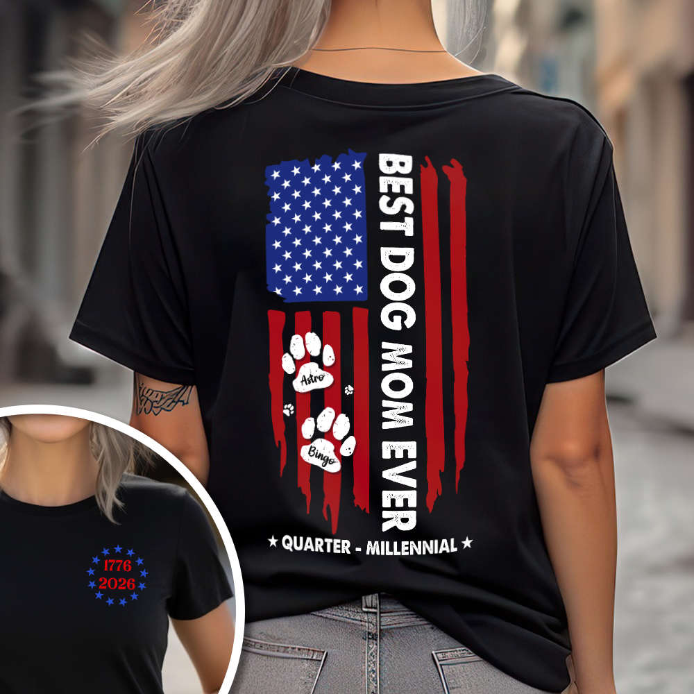 Custom Name Best Dog Mom Ever Paw American Flag Back & Front Dark Shirt LM32 899519